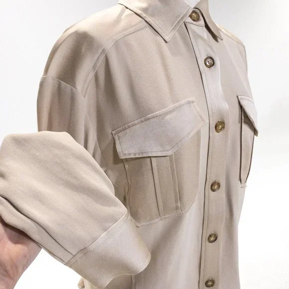 Veronica Beard M Luxe Crepe Button Down Blouse Long Sleeve Shirt Sand size 6 - Picture 3 of 16